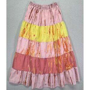 Avita Bhartia X Anthropologie Womens Pink Yellow Tie Dye Tiered Maxi Skirt Small
